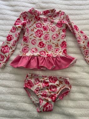 Smocked Sweets Pink roses floral Long-Sleeve Rash Guard two piece Swim Set